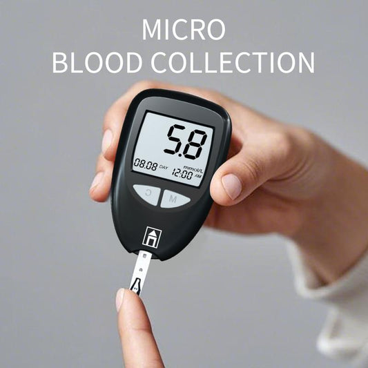 Black blood glucose meter in hand with test strip inserted and display 58