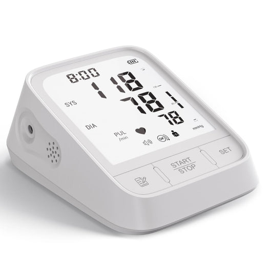 White upper arm blood pressure monitor with LCD screen and start/stop buttons