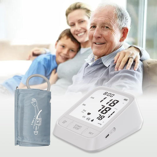 White automatic upper arm blood pressure monitor with large LCD display showing readings