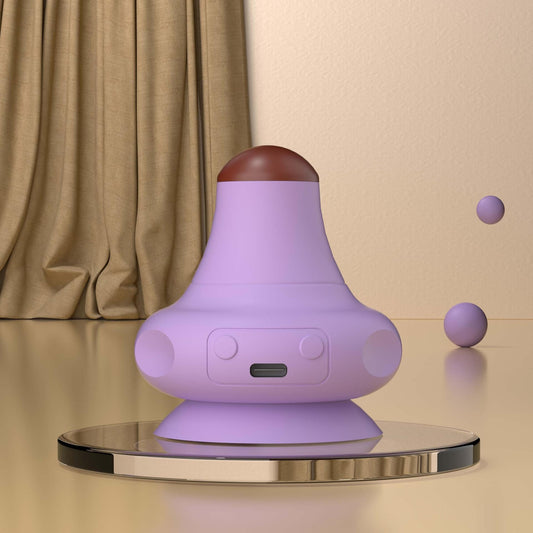 Purple silicone fascia massage ball with suction base and control panel, on a stand