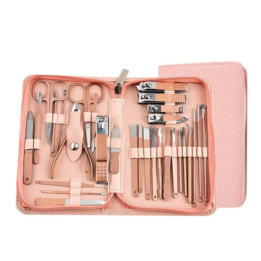 Rose gold manicure set with stainless steel tools in zip case
