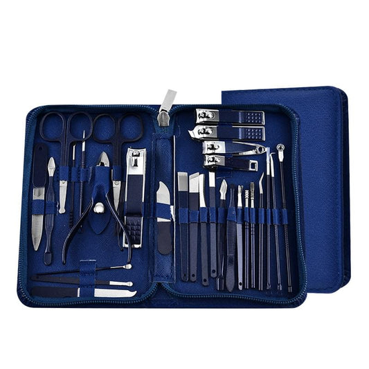 Stainless steel manicure and pedicure set in blue zip case with tools