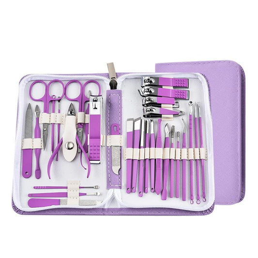 Manicure and pedicure kit in purple zip case with stainless steel tools and handles