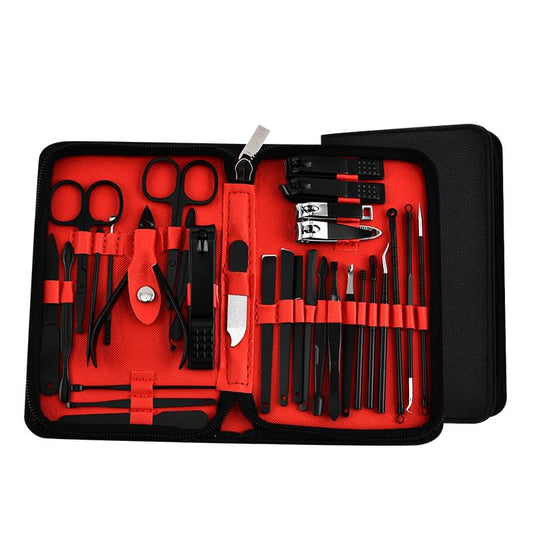 Manicure grooming kit in black and red zip case with multiple tools inside