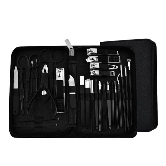 Black manicure tool kit case with stainless steel grooming tools and accessories