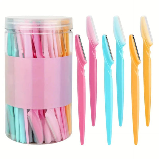 Eyebrow razor set jar with colorful dermaplaning tools, multiple handheld blades