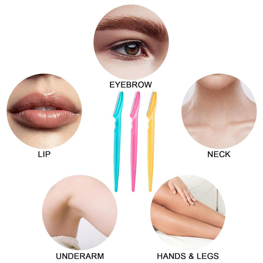 Colorful eyebrow dermaplaning razors, pink blue and yellow handheld tools