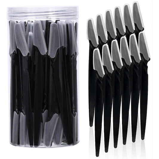 Pack of black eyebrow razors with protective caps, multiple blades