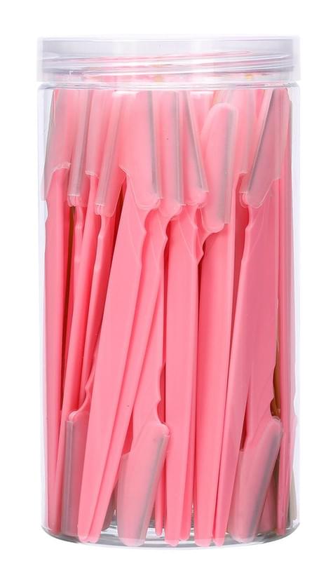 Pink eyebrow razor and dermaplaning tool set, 40-piece assortment in clear container