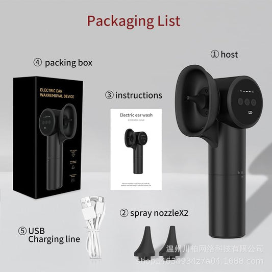 Black electric ear wax removal host with ear nozzle, display, and included accessories