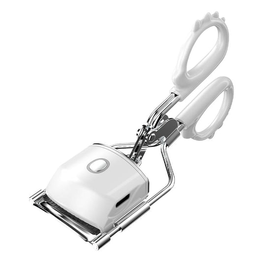 White heated eyelash curler with metal clamp and two curved handle loops