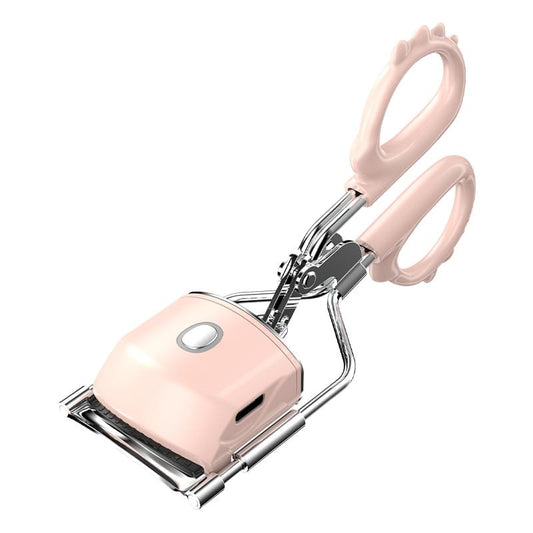 Light pink heated eyelash curler with metal clamp, silicone pad, round button