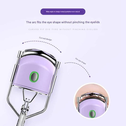 Lavender heated eyelash curler head with curved arc and green status light