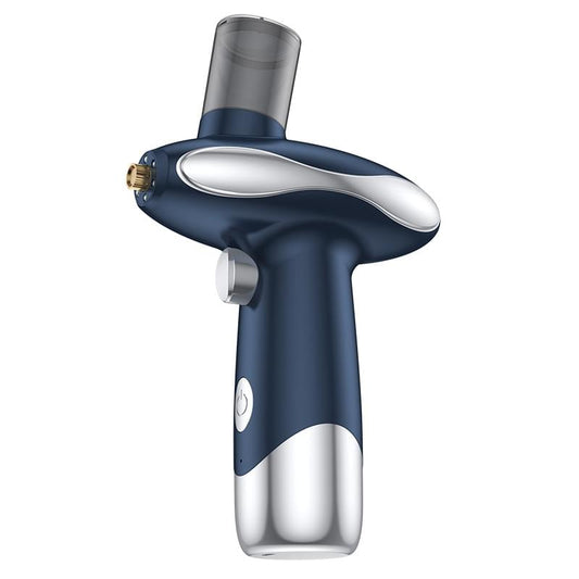 Dark blue portable facial nano steamer with silver nozzle and handheld bottle