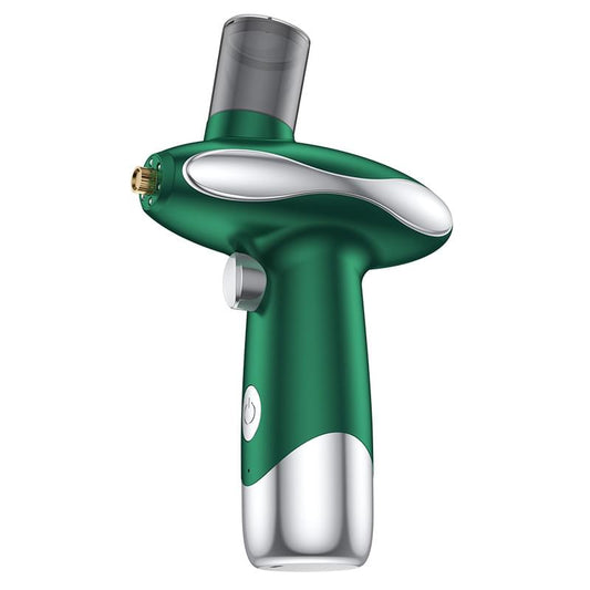 Green handheld facial nano steamer with silver nozzle and spray bottle body