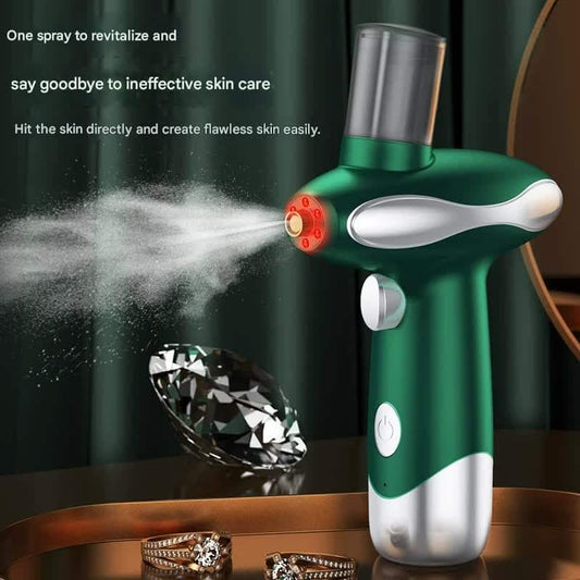 Green facial steamer and oxygen sprayer with mist nozzle and silver accents