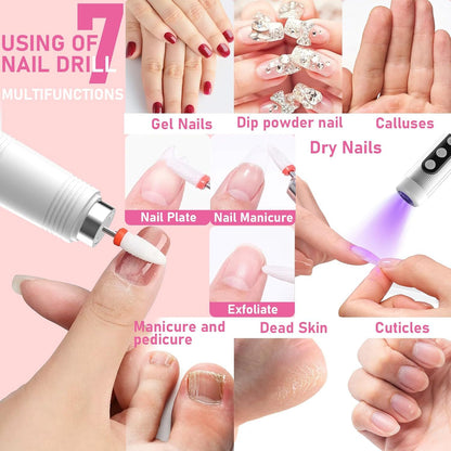 Portable Cordless Electric Nail Drill Kit with UV Lamp - 0-20000RPM, LED Display, 12 Bits(White)