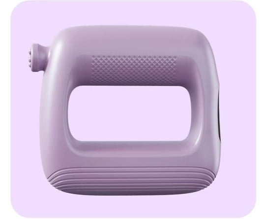 Portable body massager in light purple with textured front panel and side attachment