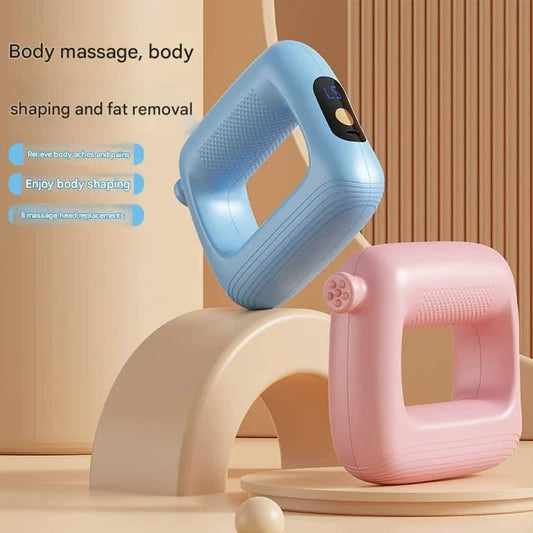 Portable body massager in blue and light purple with handheld attachment, resting on base
