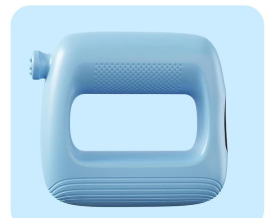 Blue handheld body massager with textured grip and wide massage head