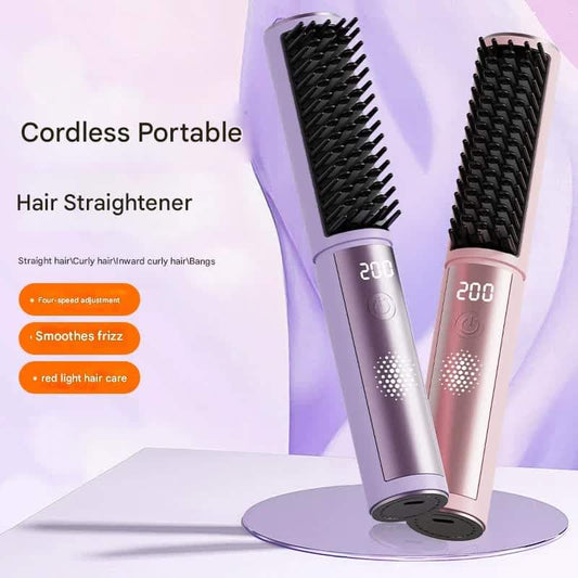 Cordless hair straightener combs, lavender and peach bodies with black heated comb teeth
