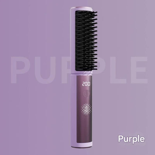 Purple cordless hair straightener comb with black heated teeth and 200°C display.