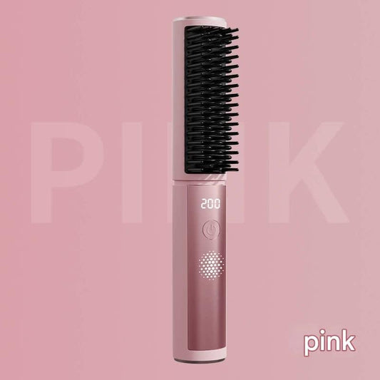 Pink cordless hair straightener comb with black bristles and 200 temperature display