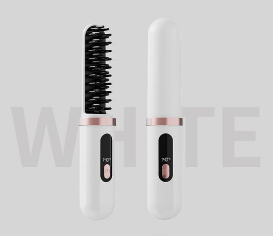 White cordless hair straightener brush with black comb head and control button