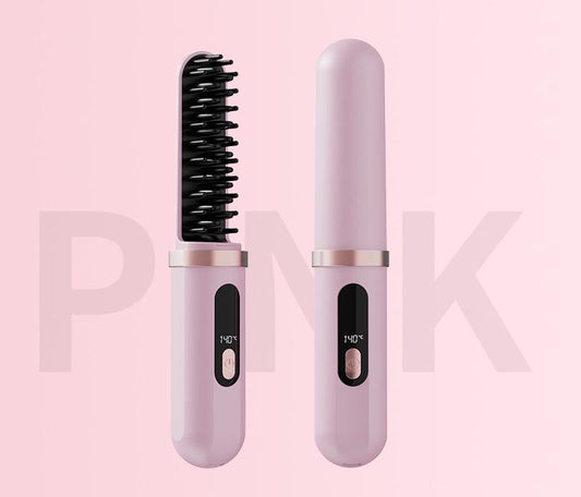 Pink cordless hair straightener brush with 3D anti-scald comb and button