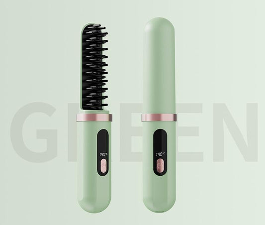 Cordless hair straightener brush, green, with black comb bristles and temperature panel