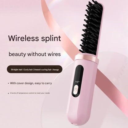 Cordless Hair Straightener Brush - 4000mAh USB-C Rechargeable, 4 Temps, Anti-Scald 3D Comb Design(Green)