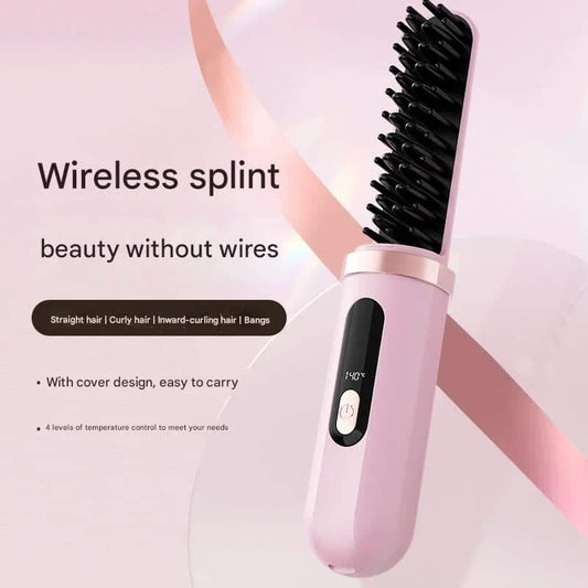 Cordless hair straightener brush, pink, with upright comb bristles and control button