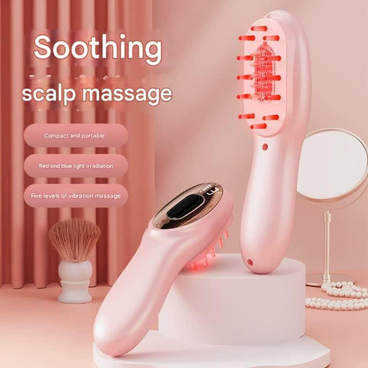 Pink electric scalp massager comb on stand, side view with raised comb teeth