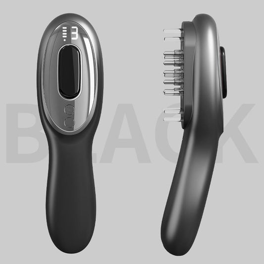 Electric scalp massager comb, black, with comb teeth and control buttons