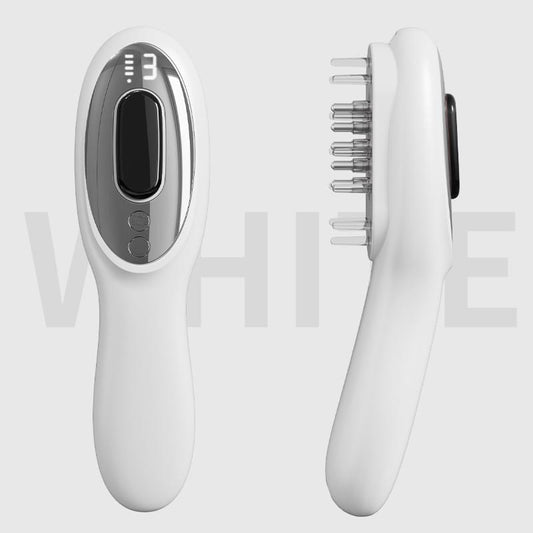 White electric scalp massager comb with black display and vibration controls