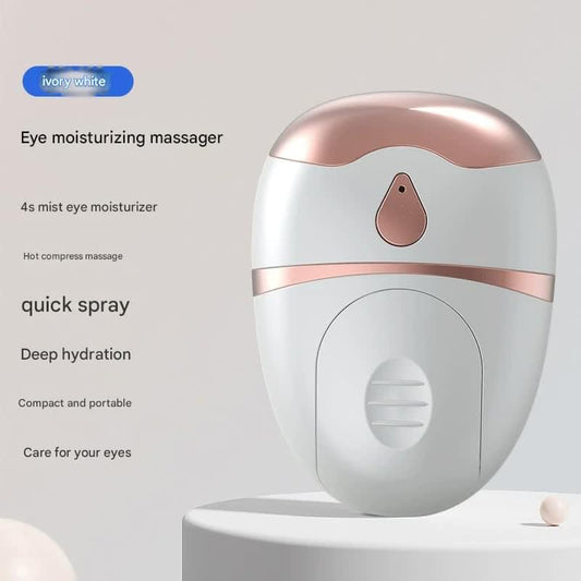 Portable eye massager, white device with mist nozzle and hot-compress design