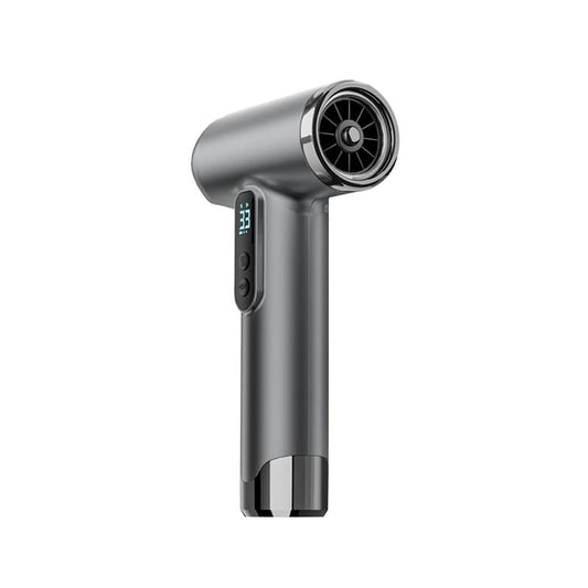 Grey cordless hair dryer with concentrator nozzle and LED display