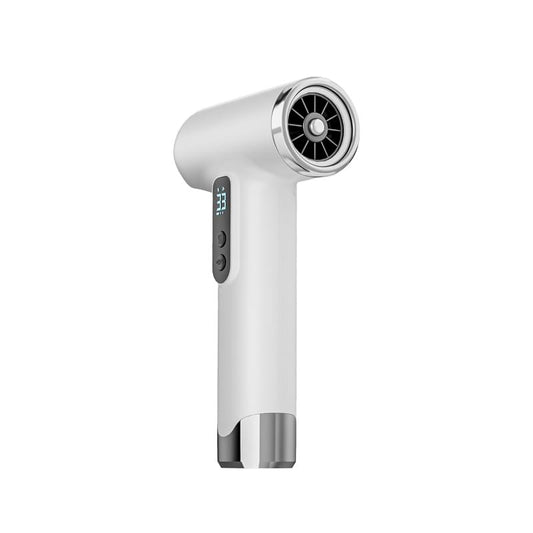 White cordless hair dryer with round nozzle and control buttons