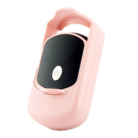 Pink heated eyelash curler with black heating plate and power button