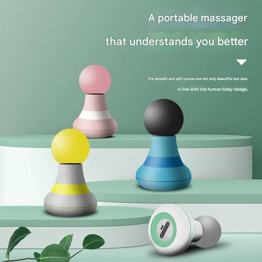 Portable mini massage gun with dark round head and tapered base