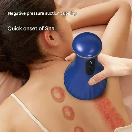Blue handheld cupping massager pressed to neck with round suction head