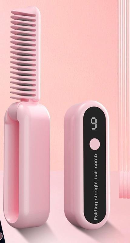 Pink foldable wireless hair straightening comb with open comb plates and control display