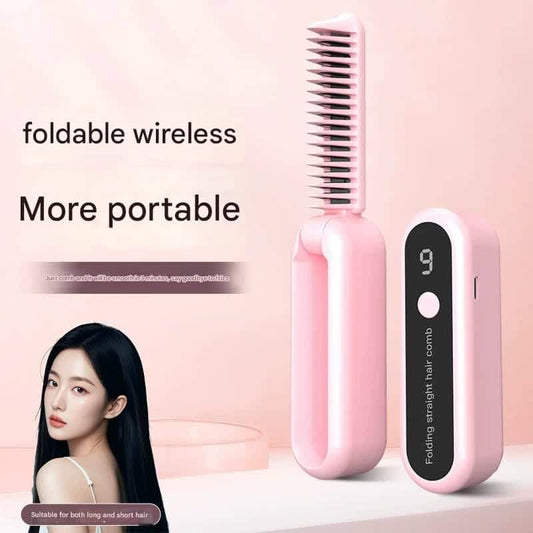 Pink foldable wireless hair straightening comb with LCD display and upright comb head