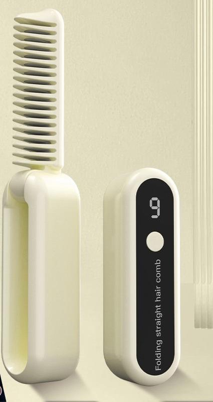Foldable wireless hair straightener comb in white with yellow handle, flat folding base