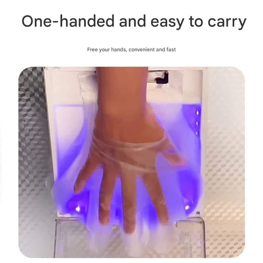Glove dispenser opening with purple UV glow, dark blue housing