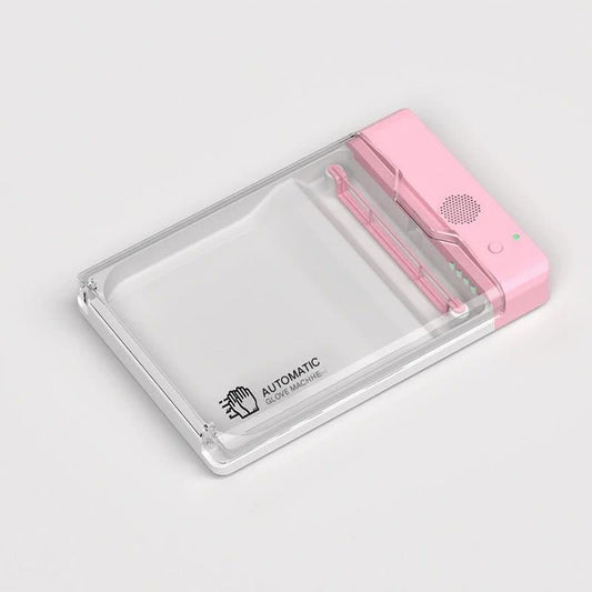 Pink automatic glove dispenser machine with open tray and front dispensing slot