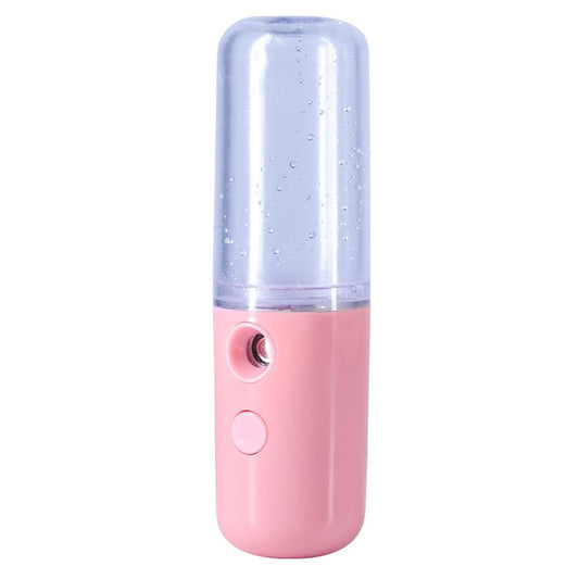 Pink portable nano facial sprayer with clear mist chamber and power button