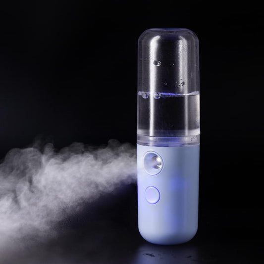 Blue USB rechargeable facial sprayer with clear mist chamber and power button