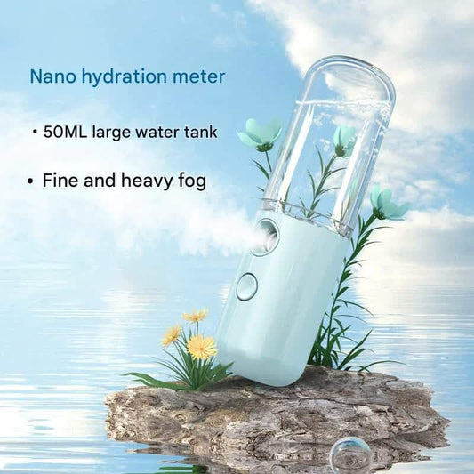 Blue portable facial sprayer, clear top nozzle and side control button, mist outlet
