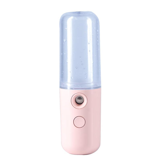 Light pink portable nano facial sprayer with clear mist chamber and round button